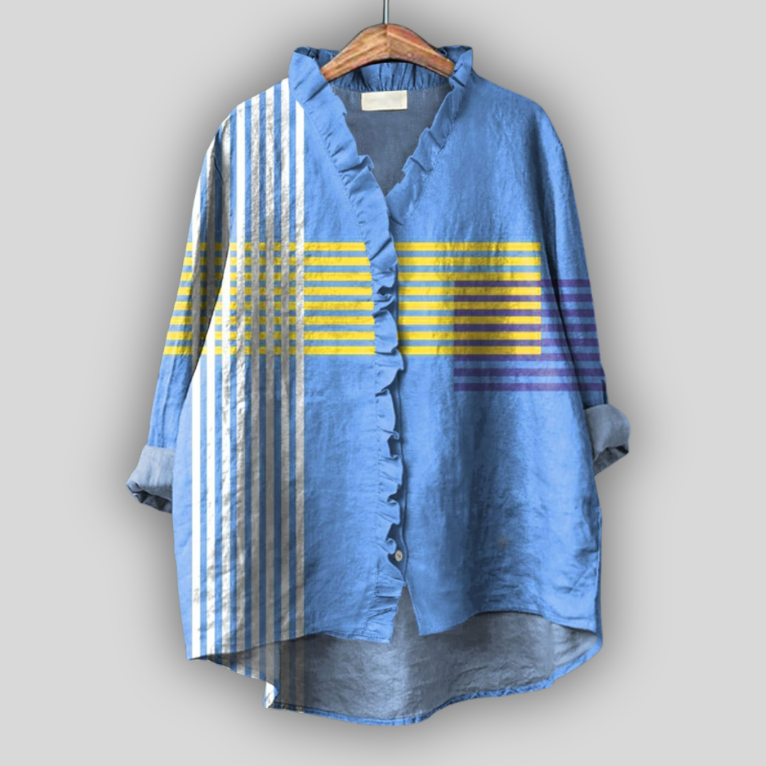 Blå Linned Bluse med Flæser og Stribede Detaljer