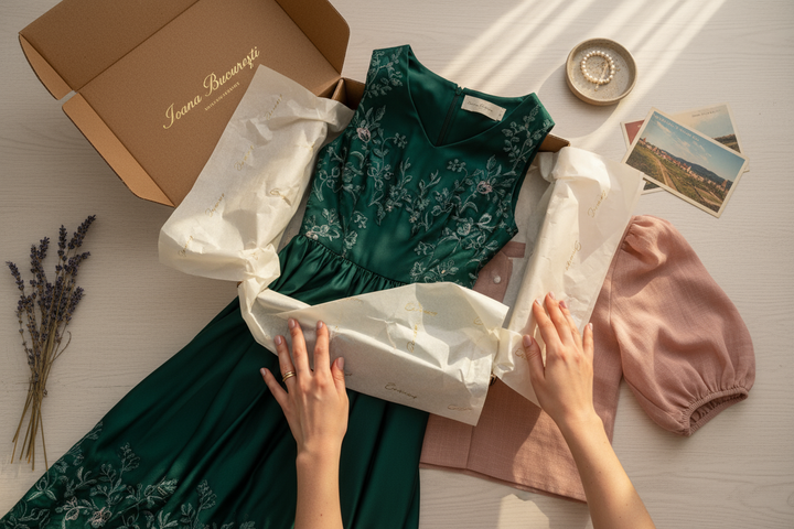 imagem de alguem q fez unboxing a uma encomenda da Ioana București e tirou uma foto. Portanto uma foto da encomenda aberta com roupa la dentro e o packaging tem escrito o nome da loja Ioana București